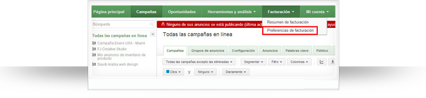 Vamos a Facturación y hacemos clic en Preferencias de facturación