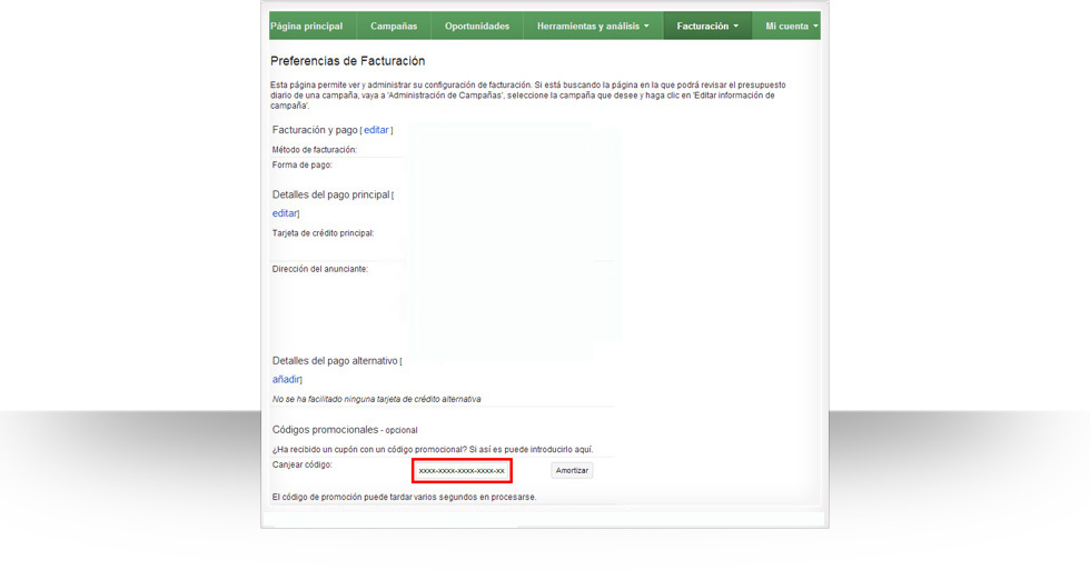 Ingresa el código de tu cupón y luego hace clic en Amortizar.