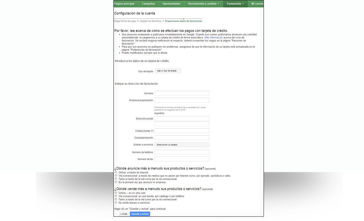 Llená el formulario y haz clic en guardar y continuar.