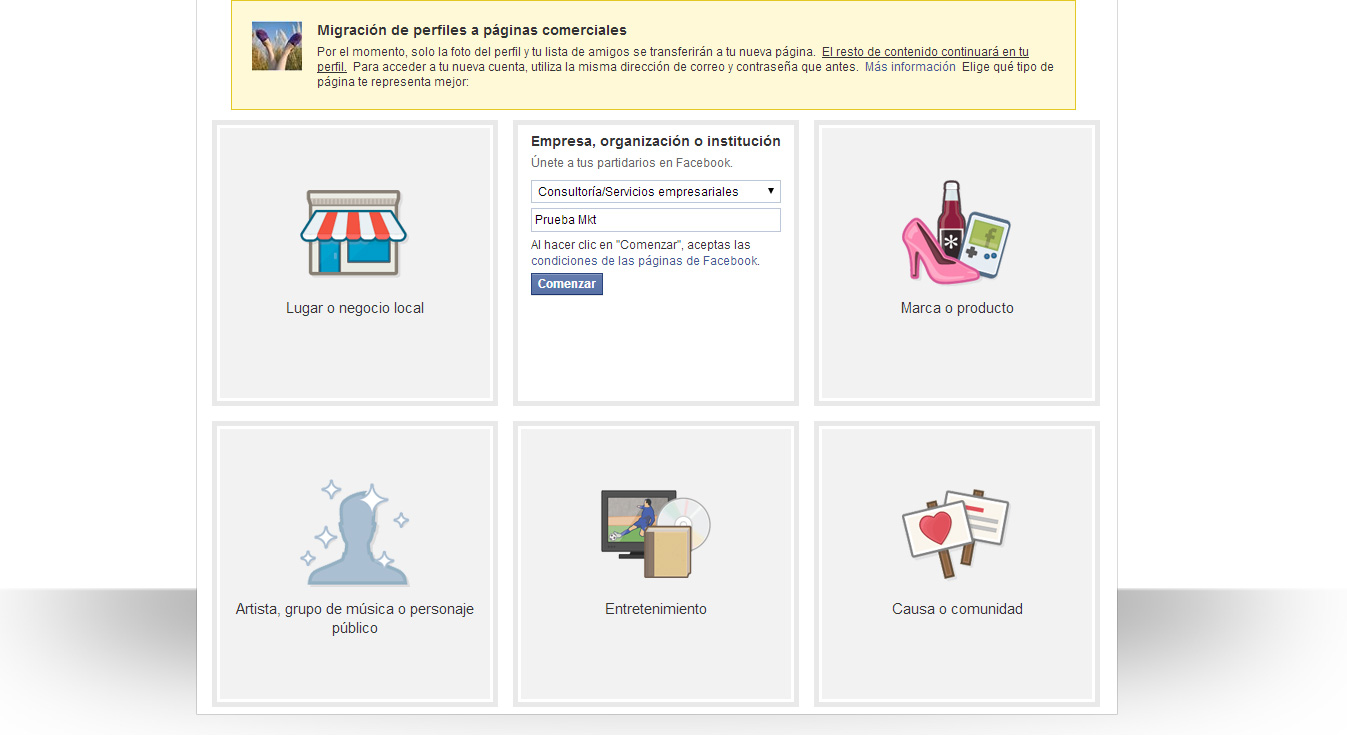 Pantalla inicial de migración